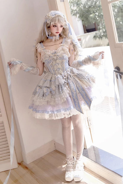 Blue [Moonstone] Sleeveless Ruffle Embroidery Bowknot Lace Fishbone Sweet Princess Lolita Dress