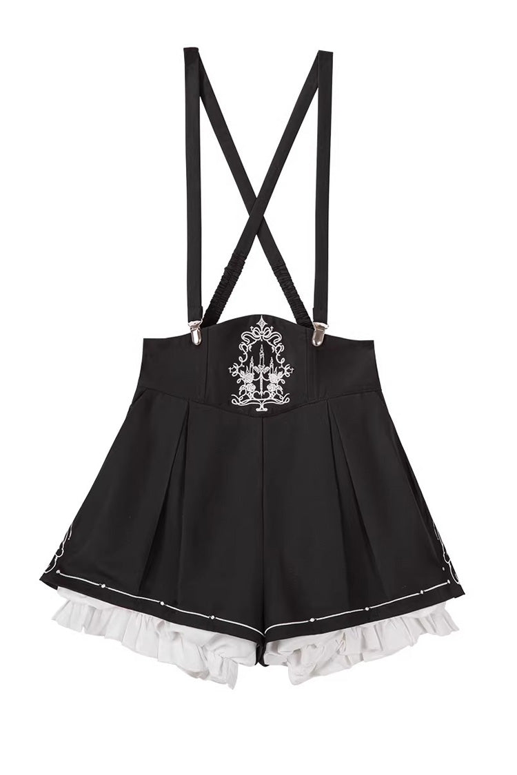 Black [Rabbit-Ear Meteorite] Stand Collar Long Sleeves Ruffled Embroidered Bow Gothic Ouji Lolita Shorts Vest Set