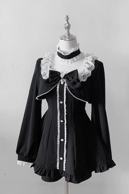 Black [Twilight Prelude] Long Sleeves Ruffled Bow Lace Jirai Kei Japanese Dress and Shorts Set