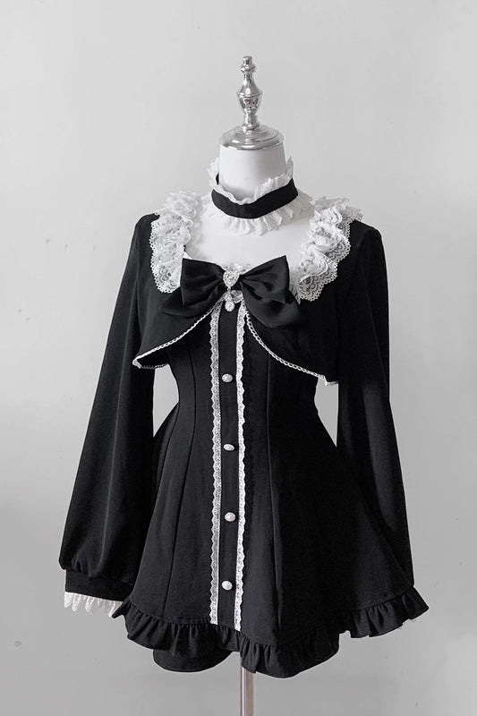 Black [Twilight Prelude] Long Sleeves Ruffled Bow Lace Jirai Kei Japanese Dress and Shorts Set