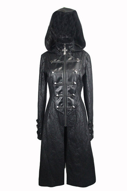 Black Punk Hooded One Side Shawl Gothic Pattern Womens Leather Long Coat