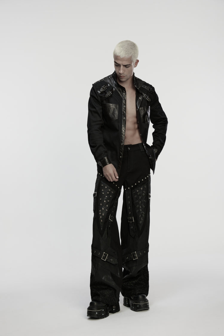 Black Studded Buckled Eyelet Men's Punk Pants