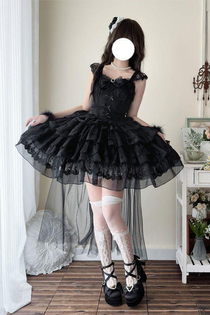 Black [From Broken Wings to Rebirth] Sleeveless Multi-Layered Ruffle Bowknot Lace-Up Gothic Ballet Lolita Jsk Dress