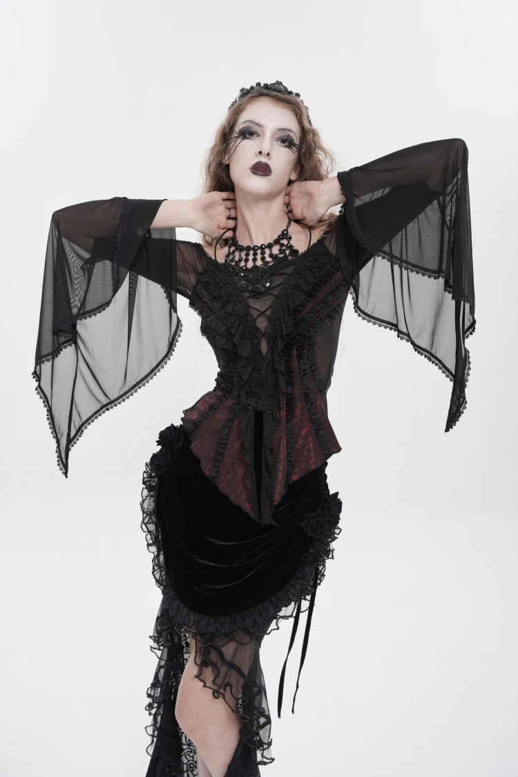 Black/Red Off Shoulder Long Trumpet Sleeves Ruffled Embroidered Lace-Up Women's Gothic Blouse