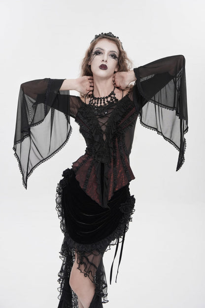 Black/Red Off Shoulder Long Trumpet Sleeves Ruffled Embroidered Lace-Up Women's Gothic Blouse