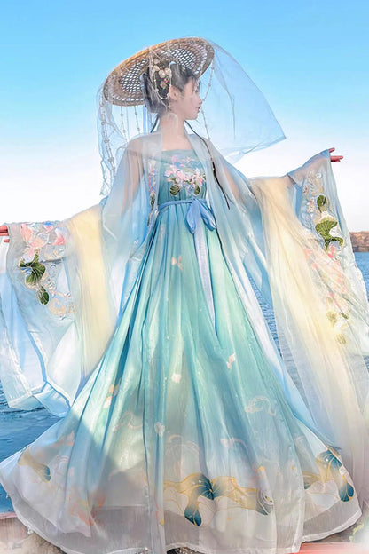 Blue Tang Dynasty Long Trumpet Sleeves Print Embroidery Sweet Hanfu Dress