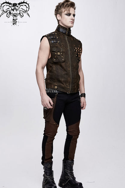 Brown Asymmetrical Bullet Belt 3D Pocket Leather Loop Rivet Back Lace Up Men's Punk Waistcoat