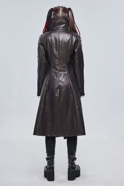 Brown Large Neckline Design Shoulder String Decoration Long Leather Women's Punk Jacket