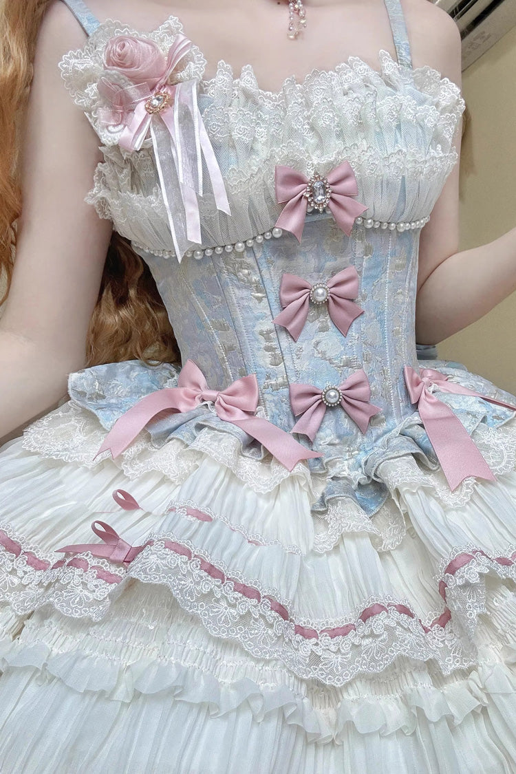 Blue/Apricot [Sea Salt Souffle] Sleeveless Multi-Layered Bowknot Lace Sweet Ballet Lolita Jsk Dress