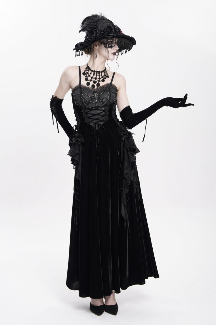 Black Sleeveless Ruffle Lace-Up Plumed Women's Gothic Long Slip Dress