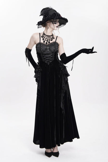 Black Sleeveless Ruffle Lace-Up Plumed Women's Gothic Long Slip Dress