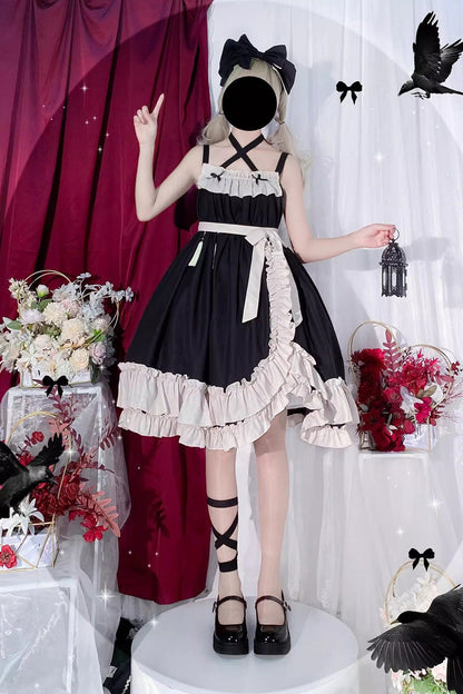 Black [Monet Estate] Sleeveless High Waisted Ruffle Bowknot Asymmetric Gothic Lolita Jsk Dress