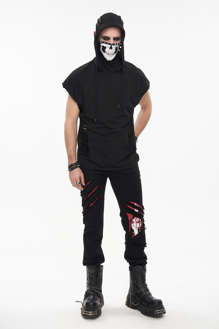 Black Skull Print Super High Neck Masked Rivet Hole Hooded Short Sleeve Men's Punk T-Shirt