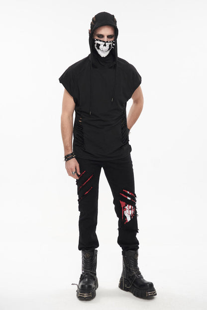 Black Skull Print Super High Neck Masked Rivet Hole Hooded Short Sleeve Men's Punk T-Shirt