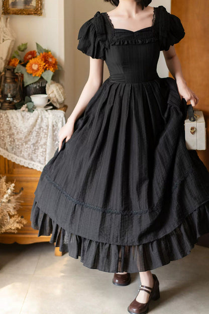Black [Forest Gallery] Square Collar Short Sleeves Ruffled Bow Classic Vintage Elegant Lolita Dress