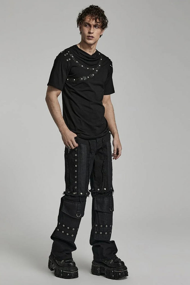 Black Short Sleeves Asymmetric Mens Daily Steampunk T-Shirt