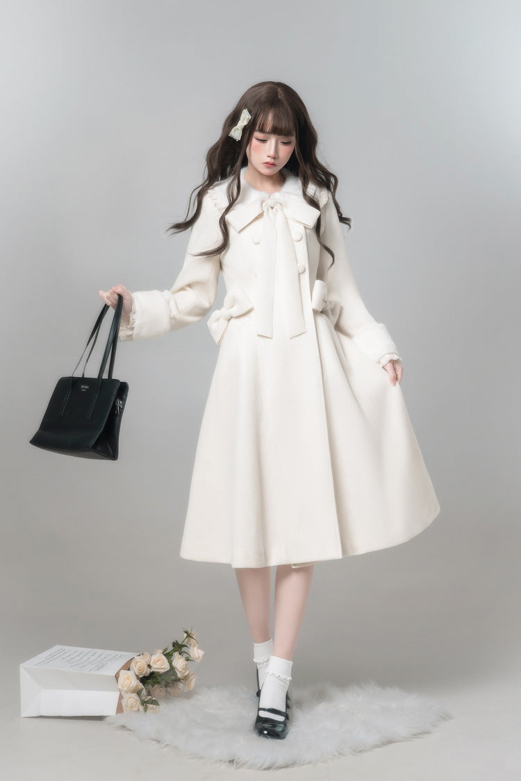 White [First Snow] Doll Collar Long Sleeves Bow Sweet Lolita Coat