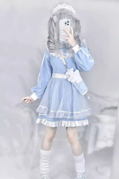 Blue Cross Angel Long Sleeves Ruffle Sweet Jirai Kei Japanese Dress