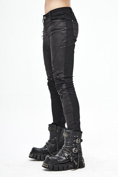 Black Punk Glued Fake Two Pieces Mens Pants