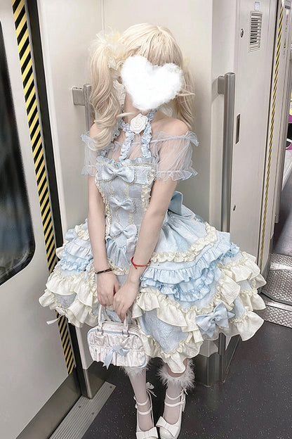 Blue [Heart of Butterfly] Halterneck Sleeveless Multi-Layered Ruffle Embroidery Princess Ballet Lolita Jsk Dress Set