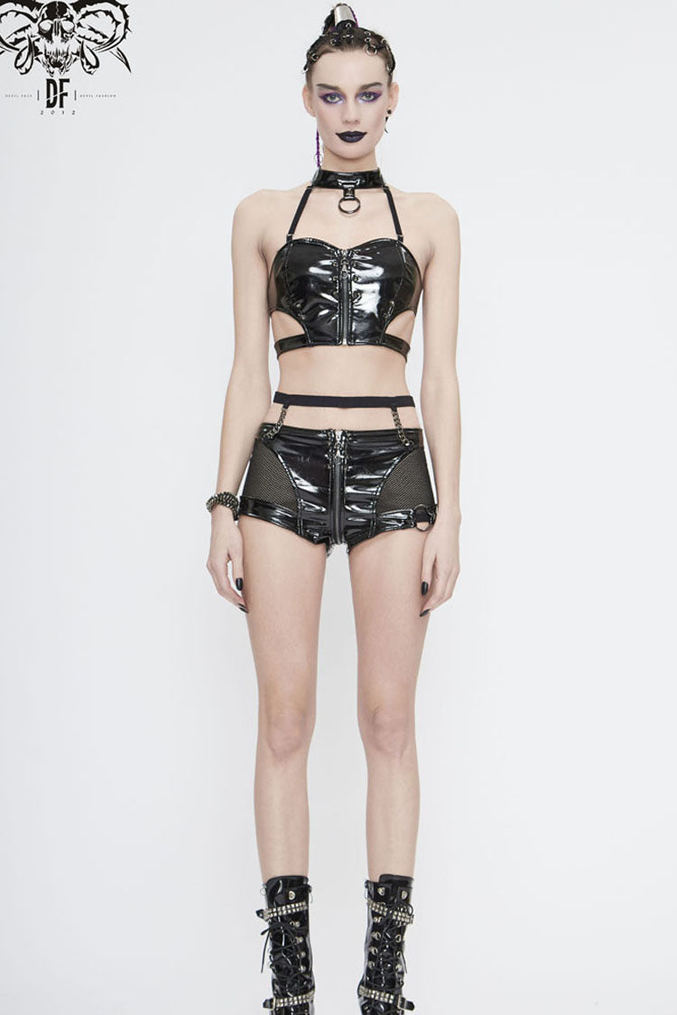 Black Round Collar Patent Leather Chest Zipper Rivet Women's Punk Corset