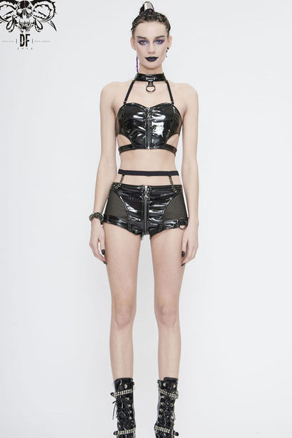 Black Round Collar Patent Leather Chest Zipper Rivet Women's Punk Corset