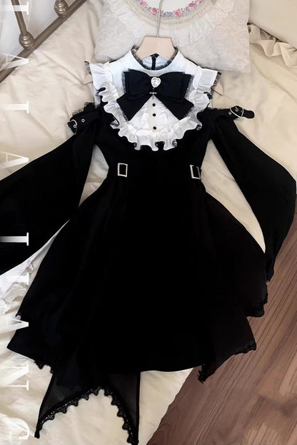 Black/White Stand Collar Off Shoulder Long Sleeves Ruffled Bow Lace Gothic Jirai Kei Japanese Lolita Dress