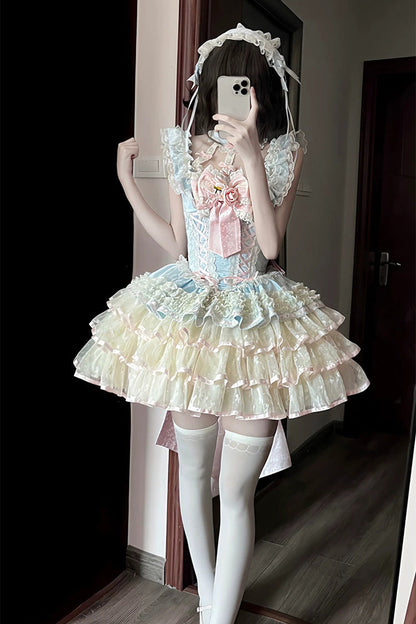 Blue [Flower Language of Eros] Halterneck Multi-Layered Ruffle Bowknot Rose Lace Lace-Up Sweet Ballet Lolita Jsk Dress