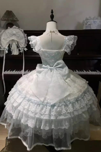 Blue [Prelude of Spring] Sleeveless Multi-Layered Ruffled Bow Lace Sweet Princess Lolita Jsk Dress