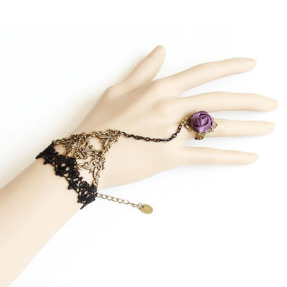 Black Retro Fashion Sweet Lace Rose Flower Female Bracelet Ring One Chain