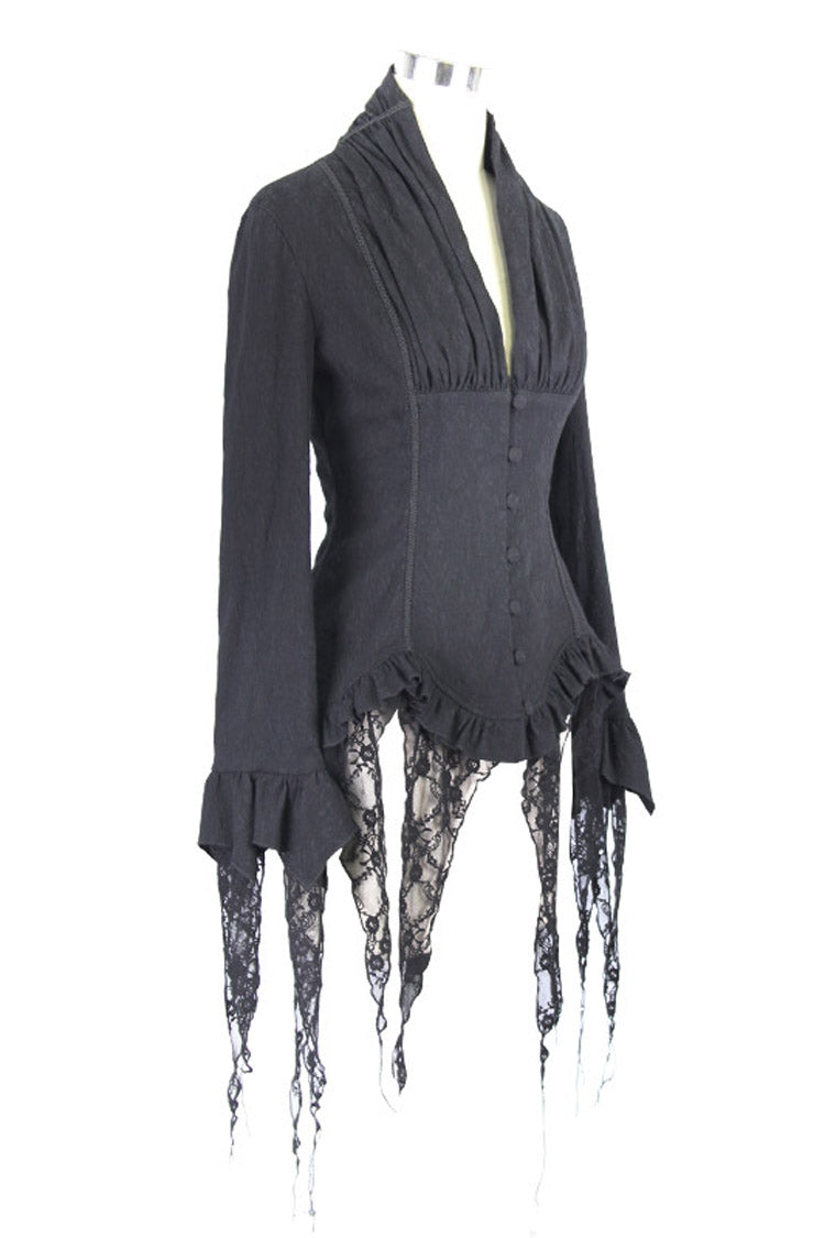 Black Retro Slim Deep V-Neck Tassel Long Sleeve Punk Blouse