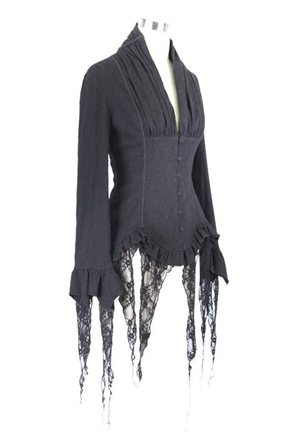 Black Retro Slim Deep V-Neck Tassel Long Sleeve Punk Blouse