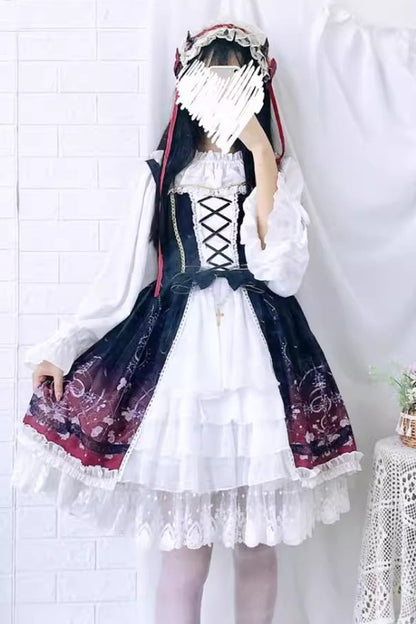 Black/Red Sleeveless Gradient Print Ruffle Cardigan Bowknot Lace-Up Sweet Elegant Lolita Jsk Dress