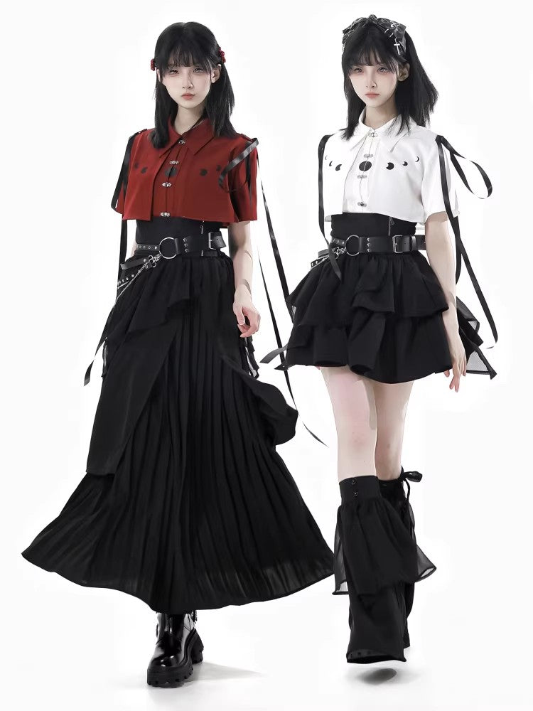 White/Black [Moonlight Flowing] Long/Short Sleeves Ruffled Asymmetric Gothic Jirai Kei Skirt Set