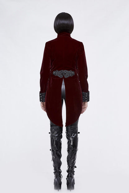 Red/Black Jacquard Lapel Embroidered Metal Nail Velveteen Swallowtail Women's Gothic Coat