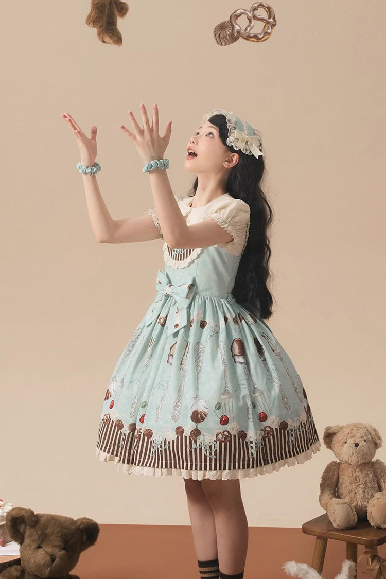 Blue/Green Sleeveless Print Bowknot Sweet Plus Size Lolita Jsk Dress