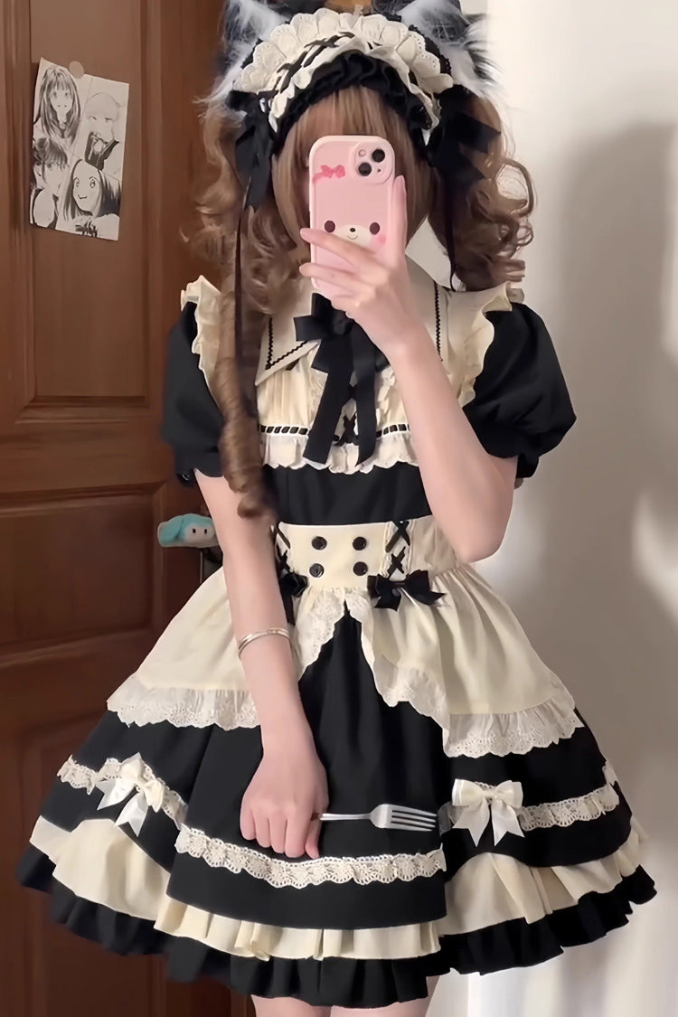 Black/White Short Sleeves Triple-Layered Ruffle Bowknot Lace Sweet Plus Size Maid Lolita Dress Set