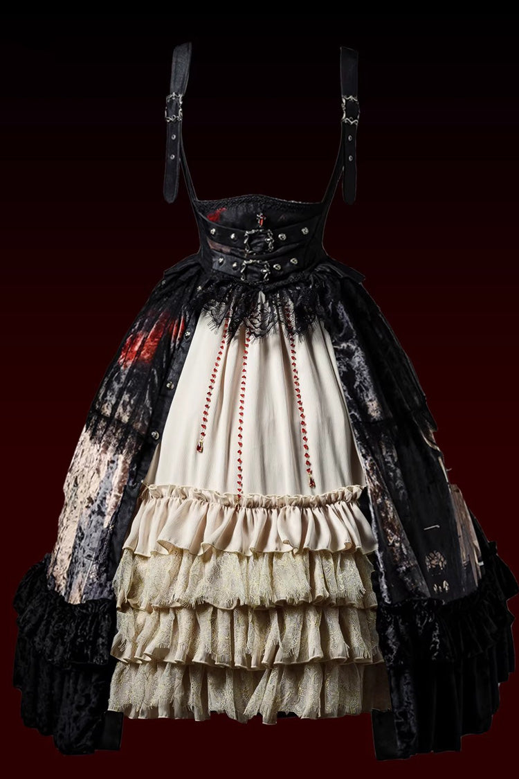 [Heretical Nun] Sleeveless Multi-Layered Printed Ruffled Open-Front Gothic Plus Size Lolita Strap Dress Short Version 2 Colors