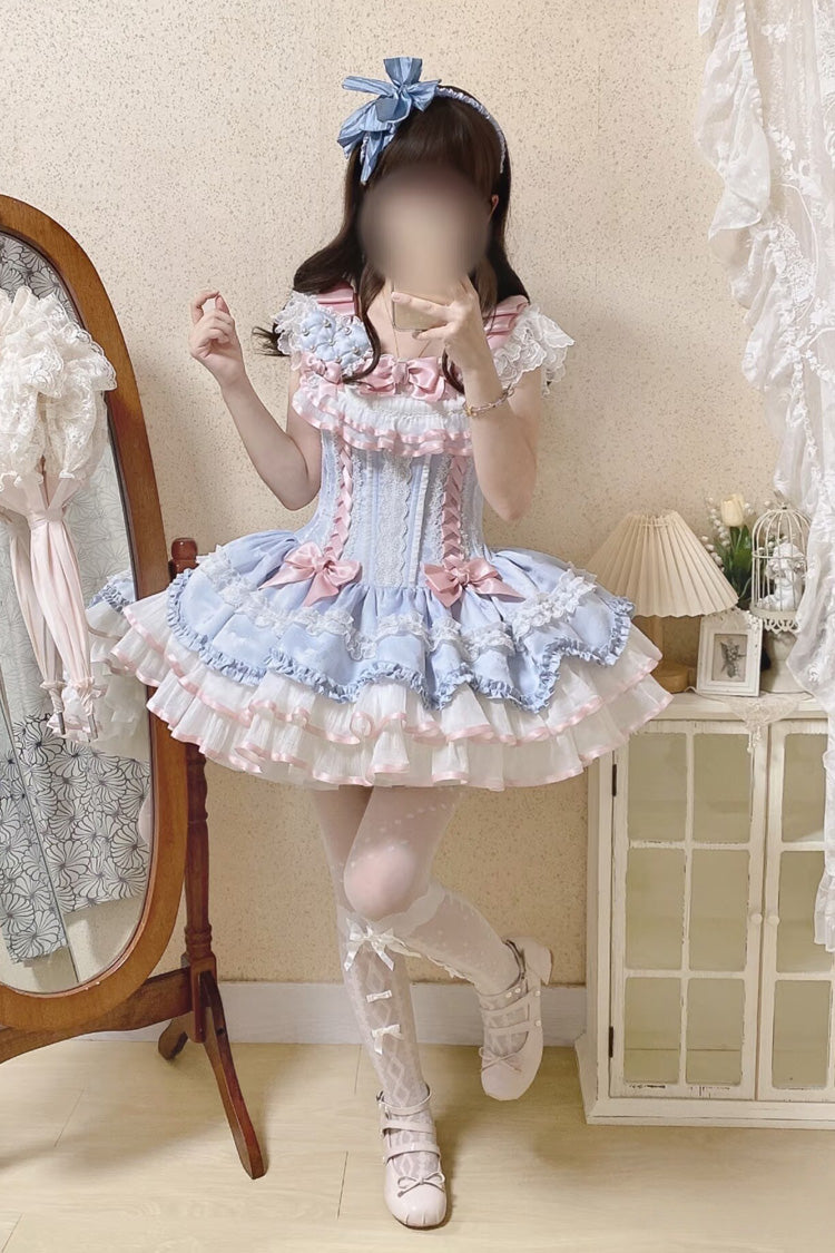 Blue Triple-Layered Ruffled Bow Lace-Up Slim Ballet Sweet Lolita Dress