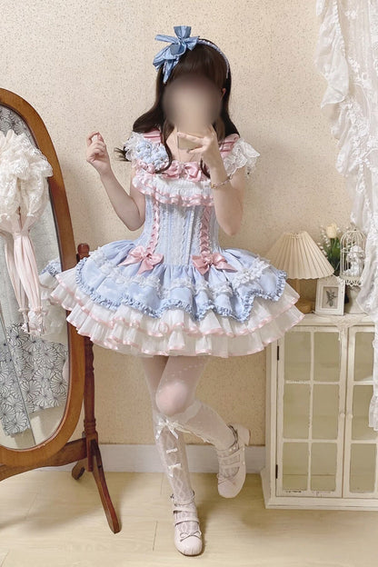Blue Triple-Layered Ruffled Bow Lace-Up Slim Ballet Sweet Lolita Dress