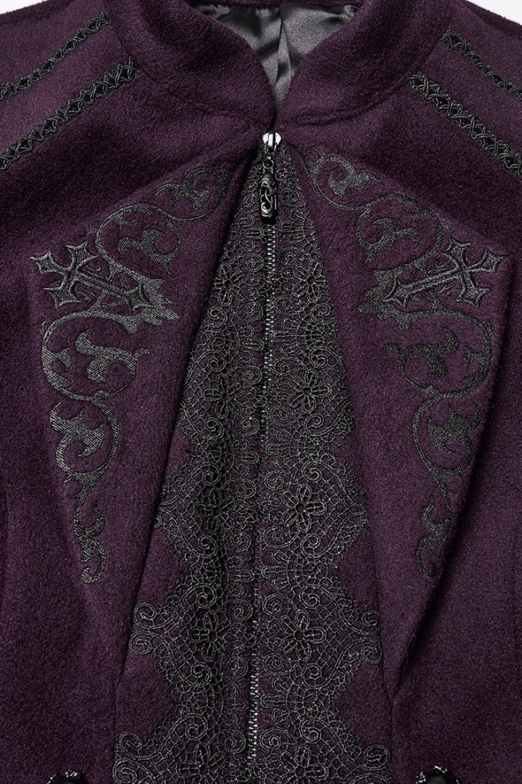 Purple Stand Collar Long Sleeves Embroidered Lace-Up Zippered Women's Gothic Jacket
