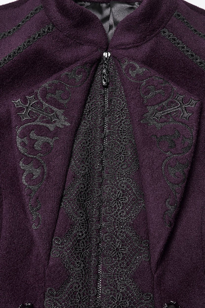 Purple Stand Collar Long Sleeves Embroidered Lace-Up Zippered Women's Gothic Jacket