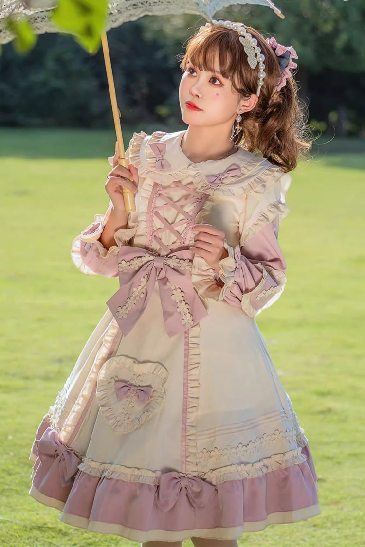 Pink/White [Little Florist] Long Sleeves Ruffle Bowknot Lace-Up Sweet Plus Size Princess Lolita Dress