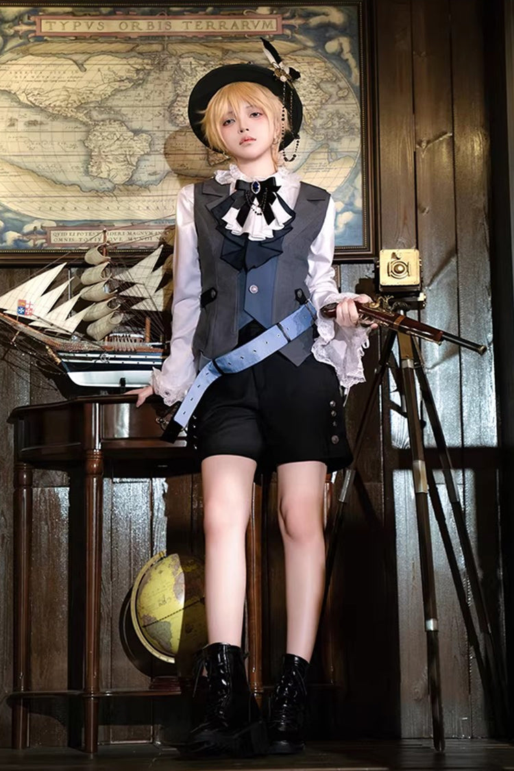 White/Grey/Blue [Age of Machines] Bow Asymmetric Punk Prince Ouji Lolita Shorts Vest Cloak Set