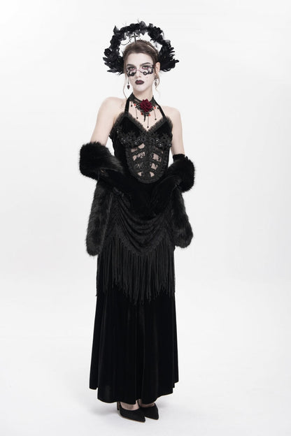 Black Sleeveless Hollow Floral Embroidery Lace-Up Pleated Women's Gothic Maxi Dress
