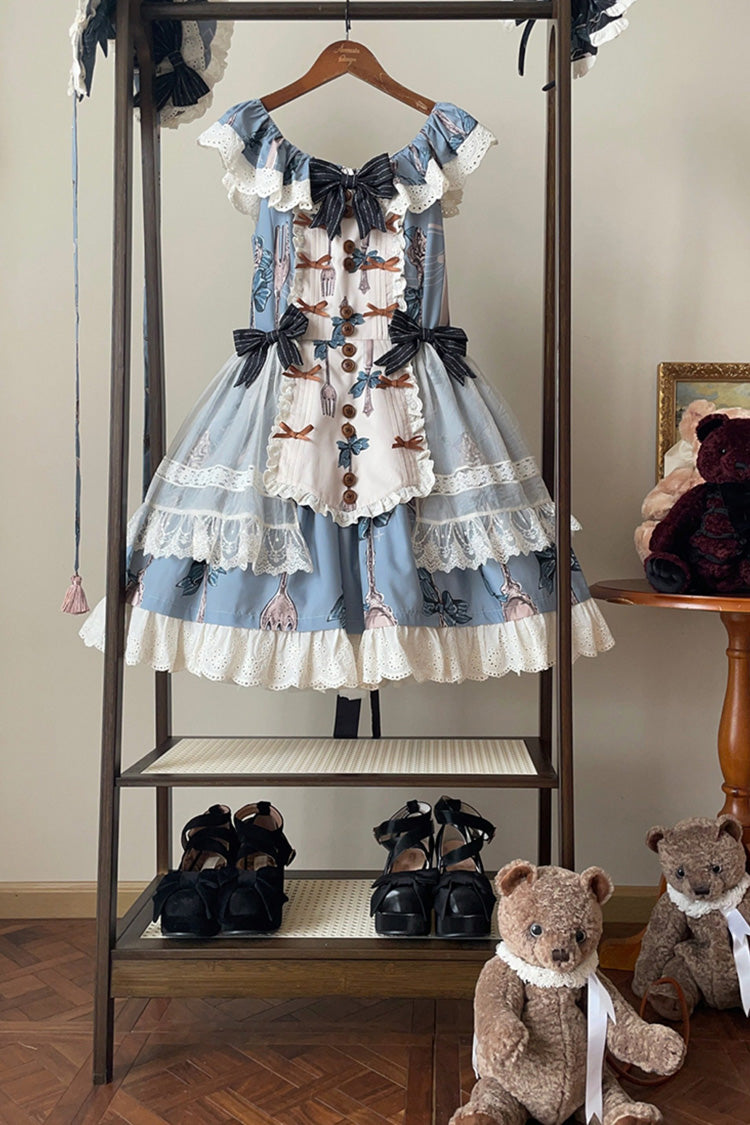 Blue [The Witch’s Banquet] Sleeveless Printed Ruffled Embroidered Bow Lace Sweet Lolita Jsk Dress