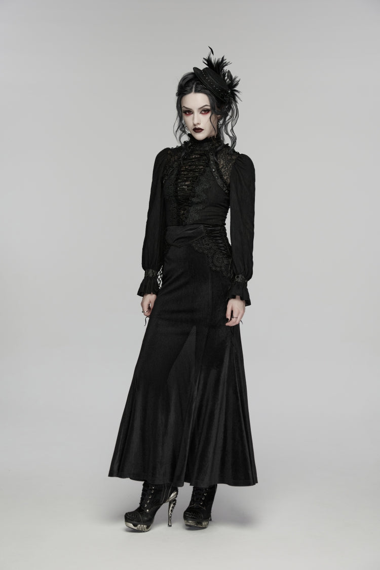 Black Stand Collar Long Sleeves Lace Lace-Up Slim Women's Gothic Blouse