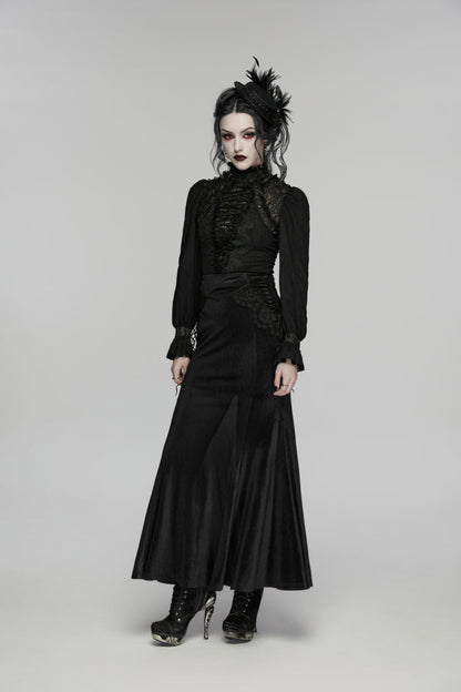 Black Stand Collar Long Sleeves Lace Lace-Up Slim Women's Gothic Blouse