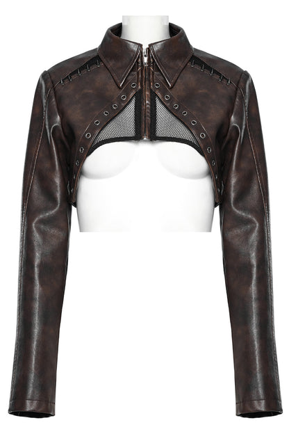Brown Lapel Collar Long Sleeves Stitching Women's Faux Leather Punk Short Jacket