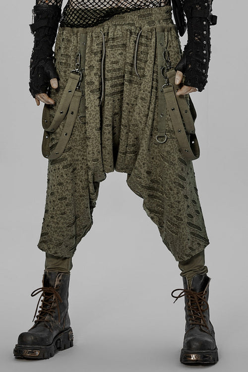 Green Ripped Men's Punk Sagging Pants with Straps